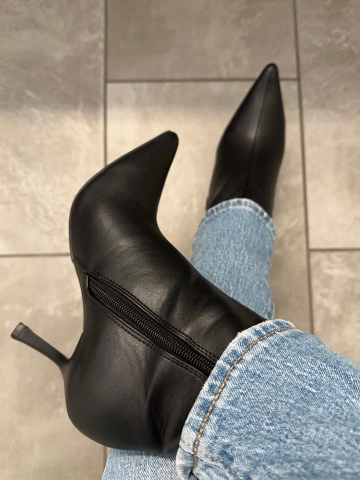 Black Faux Leather Pointed Toe Booties- Ruby