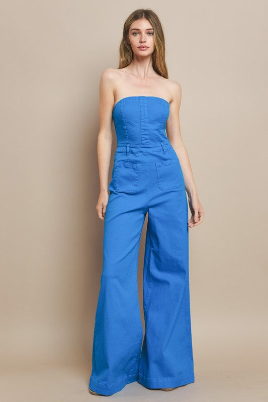 Cobalt Blue Strapless Bustier Denim Jumpsuit | Wide Leg Stretch