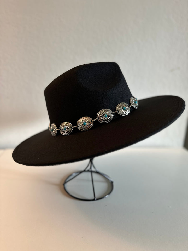 Black Wide-Brim Fedora Hat with Silver and Turquoise Accents