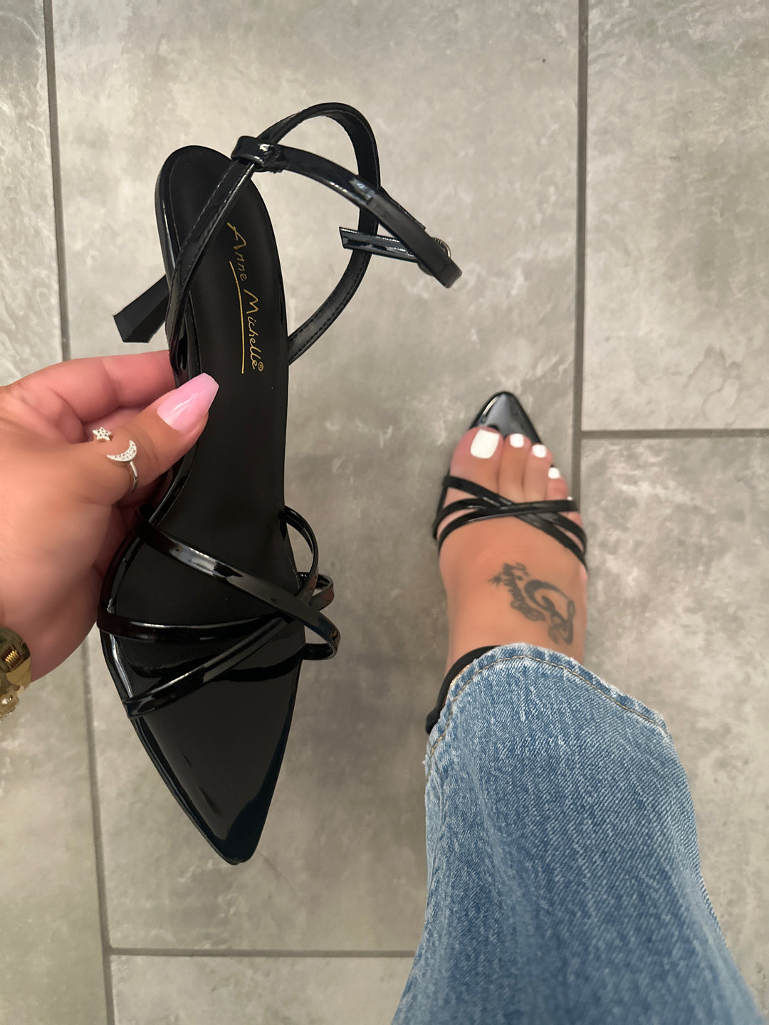 Patent Black Kitten Heel Mule- Susan