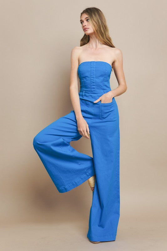 Cobalt Blue Strapless Bustier Denim Jumpsuit | Wide Leg Stretch
