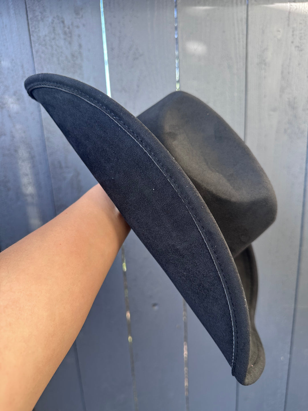 Black Suede Cowgirl Hat with Turquoise & Silver Conchos