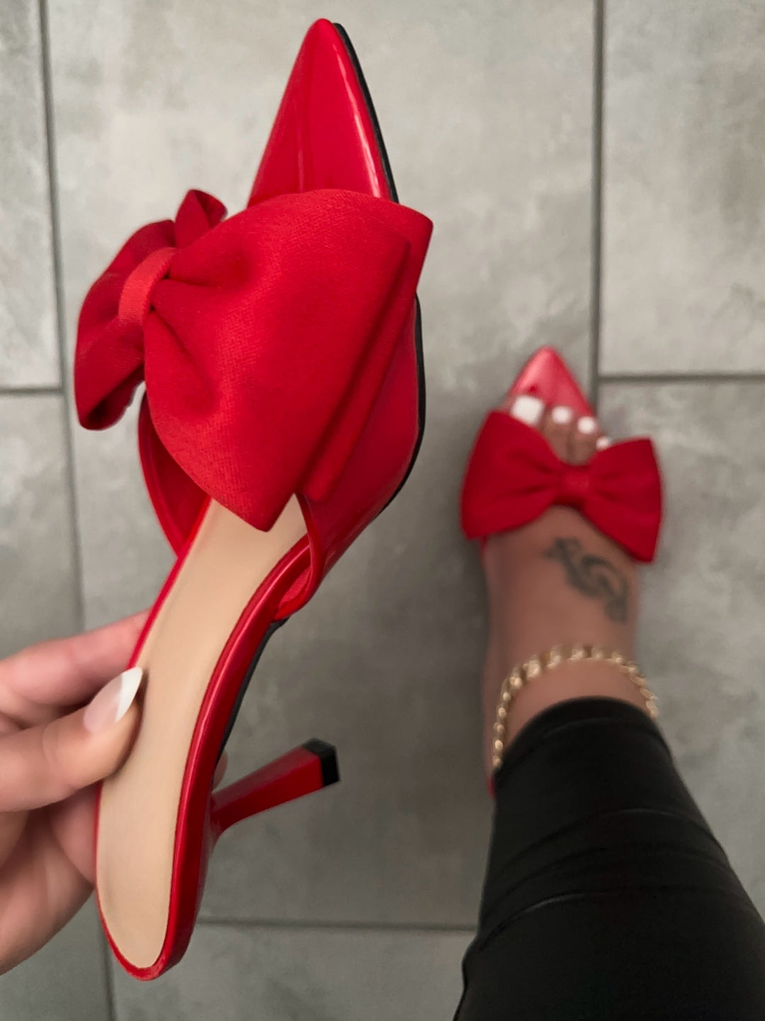 Red Satin Bow Pointed Toe Kitten Heels- Scarlet