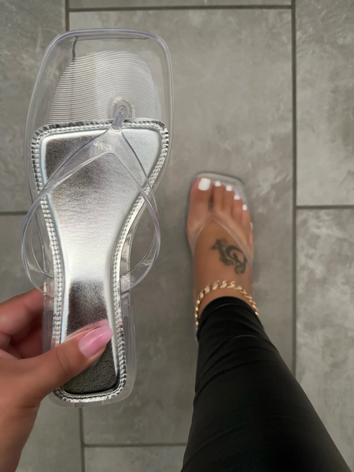 Clear Chunky Heel Thong Sandals- Holly