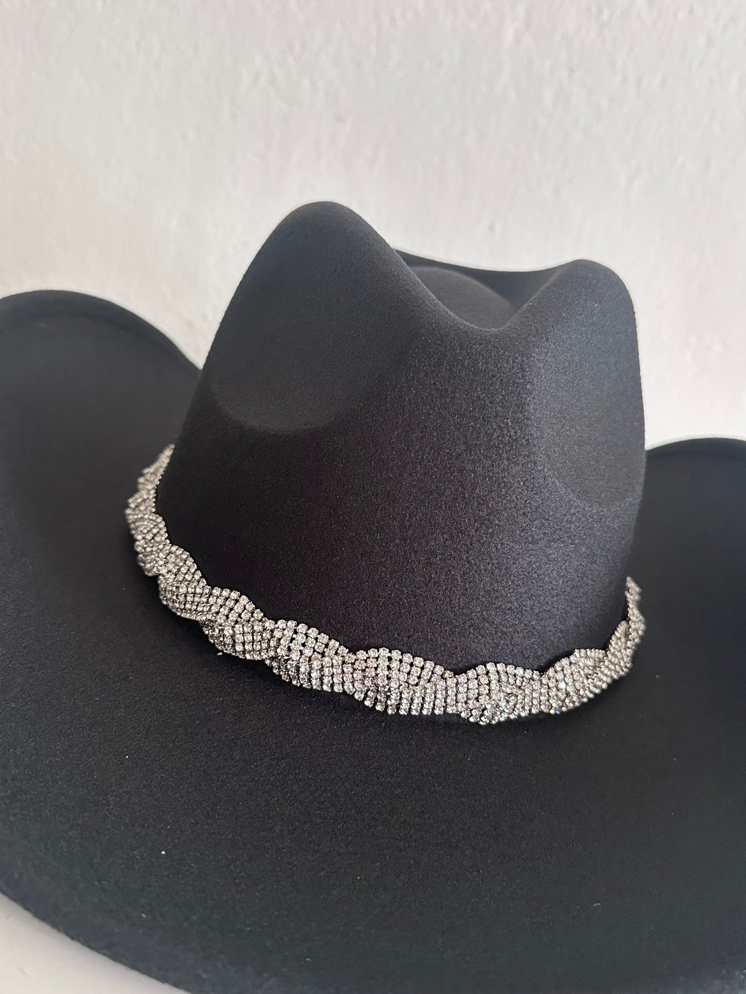 Black Cowboy Hat with Braided Silver Embellished Rhinestones Trim