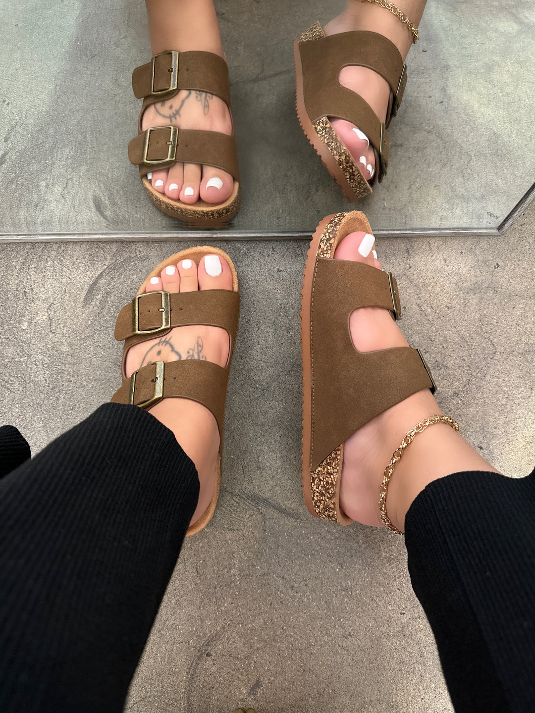 Dark Tan Double Buckle Cork Platform Sandals- Gina