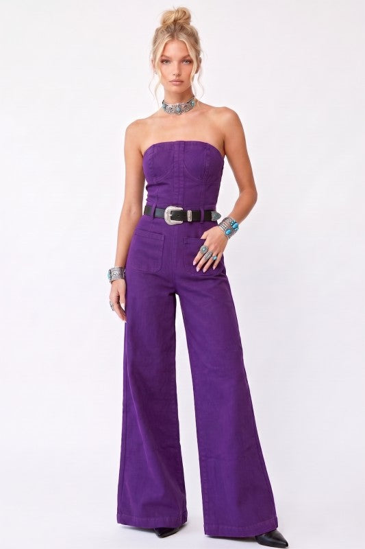 Purple Strapless Wide-Leg Denim Jumpsuit