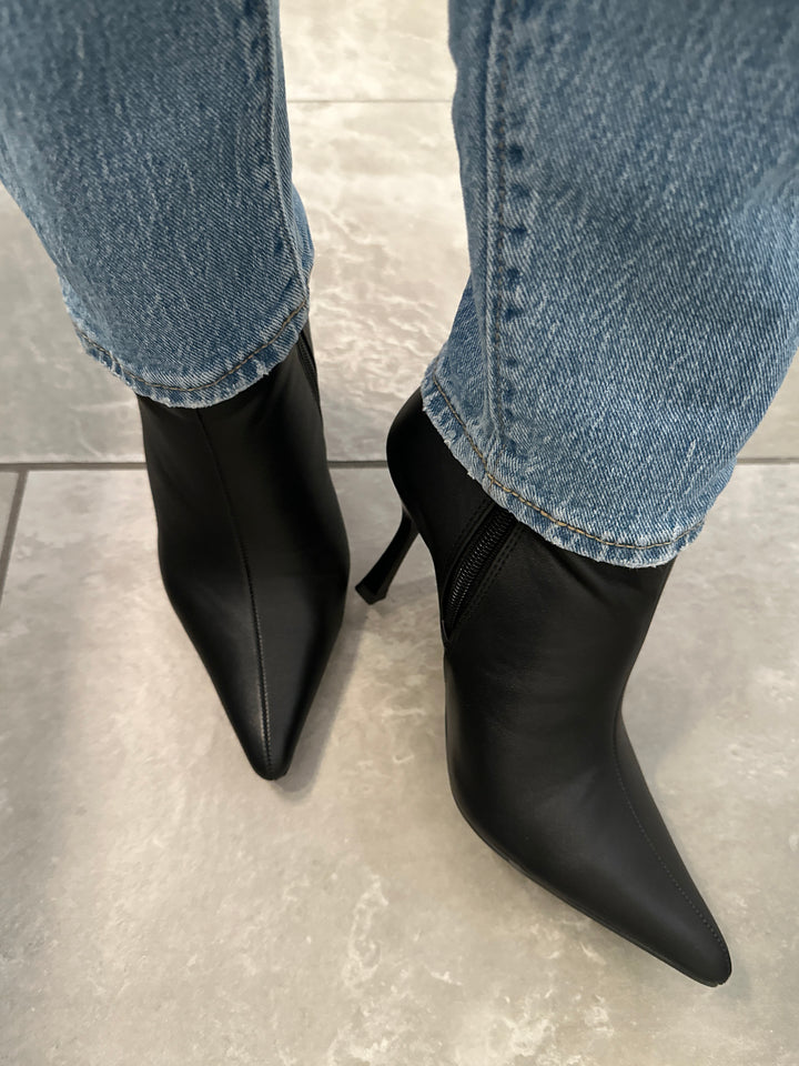 Black Faux Leather Pointed Toe Booties- Ruby