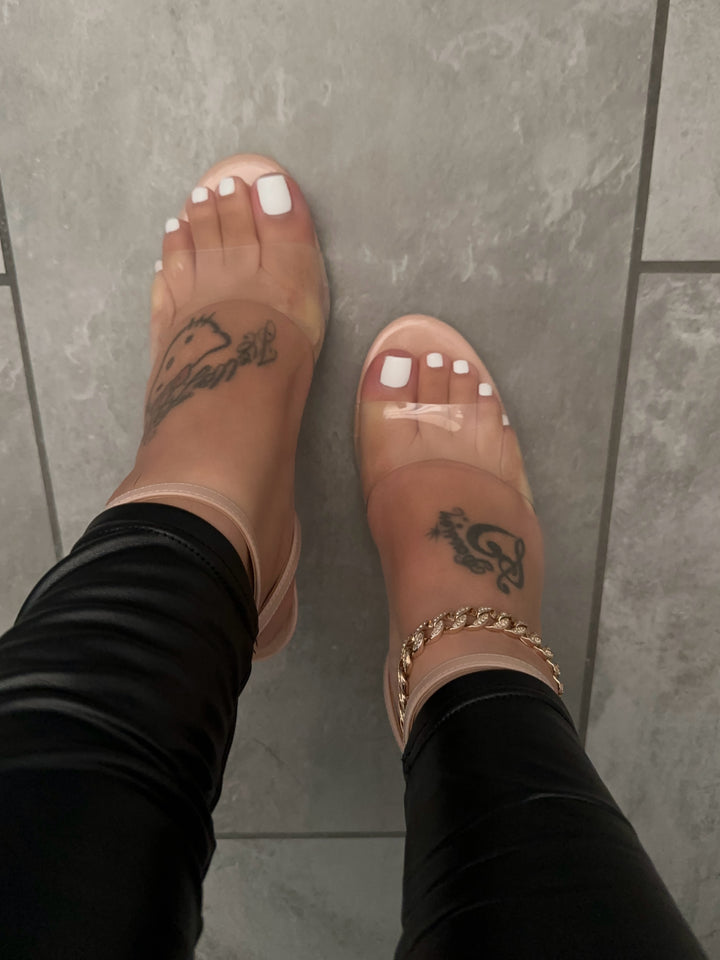 Clear Round Open Toe Nude Kitten Heels- Crystal