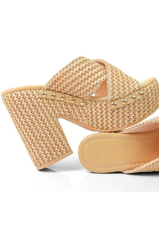 Natural Woven Criss Cross Raffia Platform Heel Sandals- Andreza