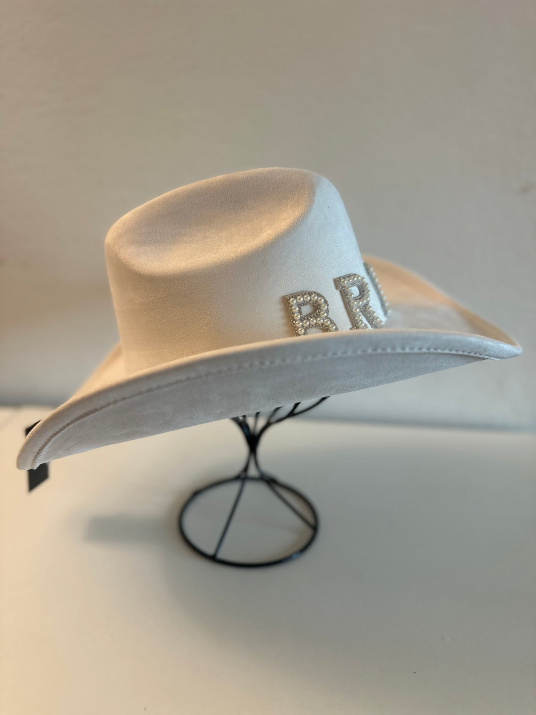 Ivory White Faux Suede Cowgirl Bride Hat with Pearl Detailed Letters