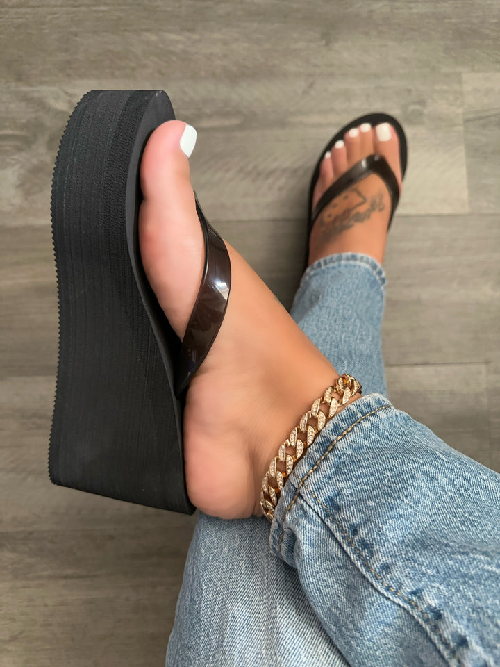 Black Platform Wedge Flip Flop Sandals