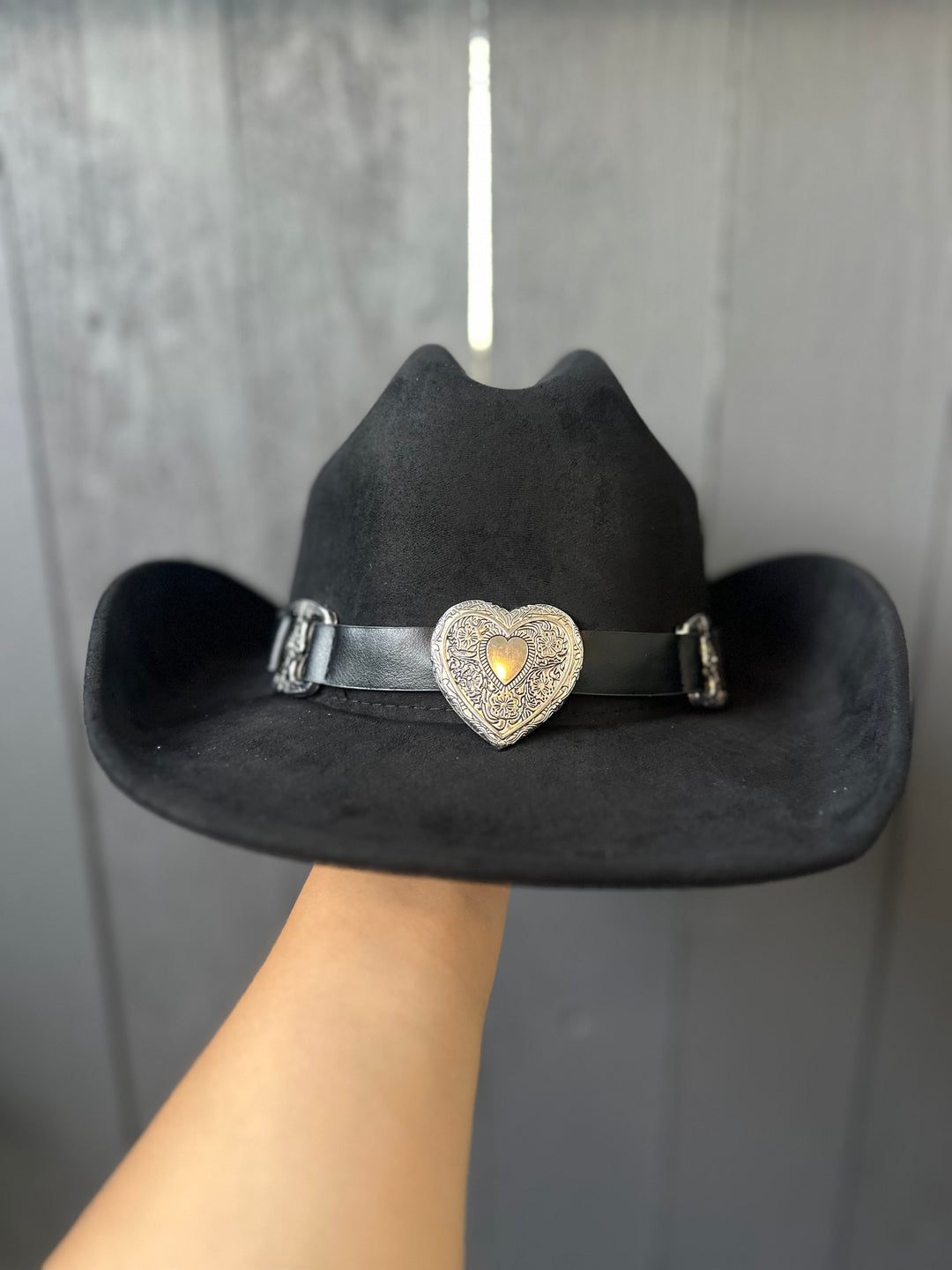 Black Cowgirl Hat with Silver Heart Buckle