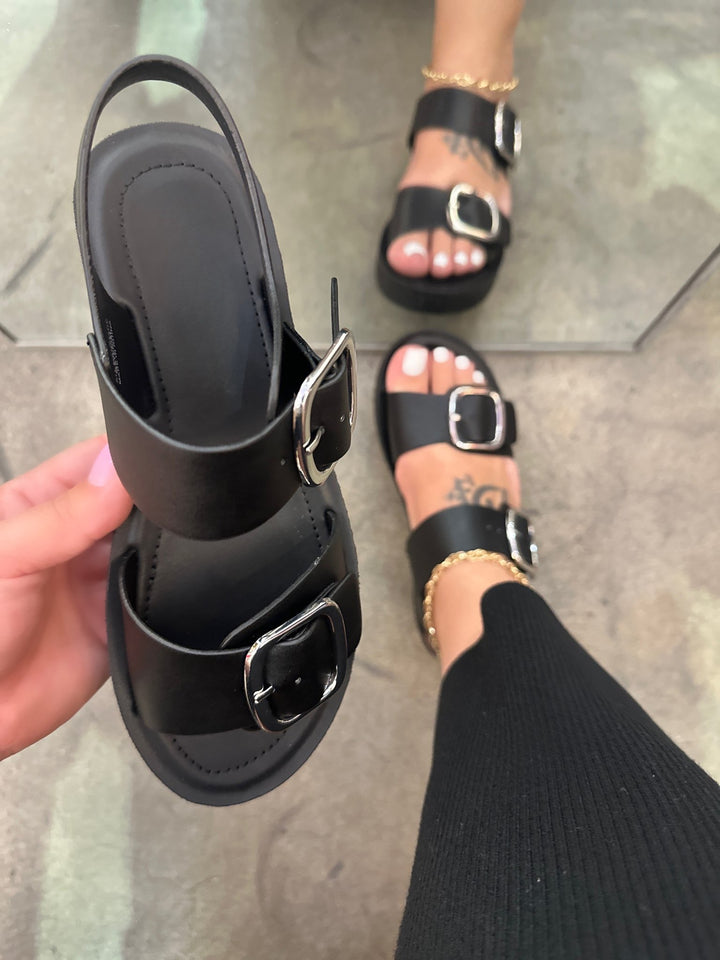 Black Double Buckle Platform Sandals- Myla