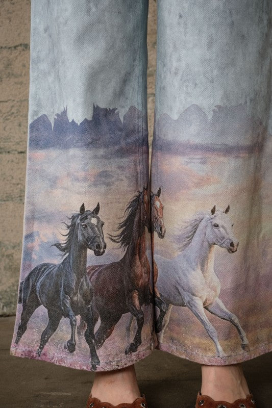 Western Horse Print Wide Leg Jeans