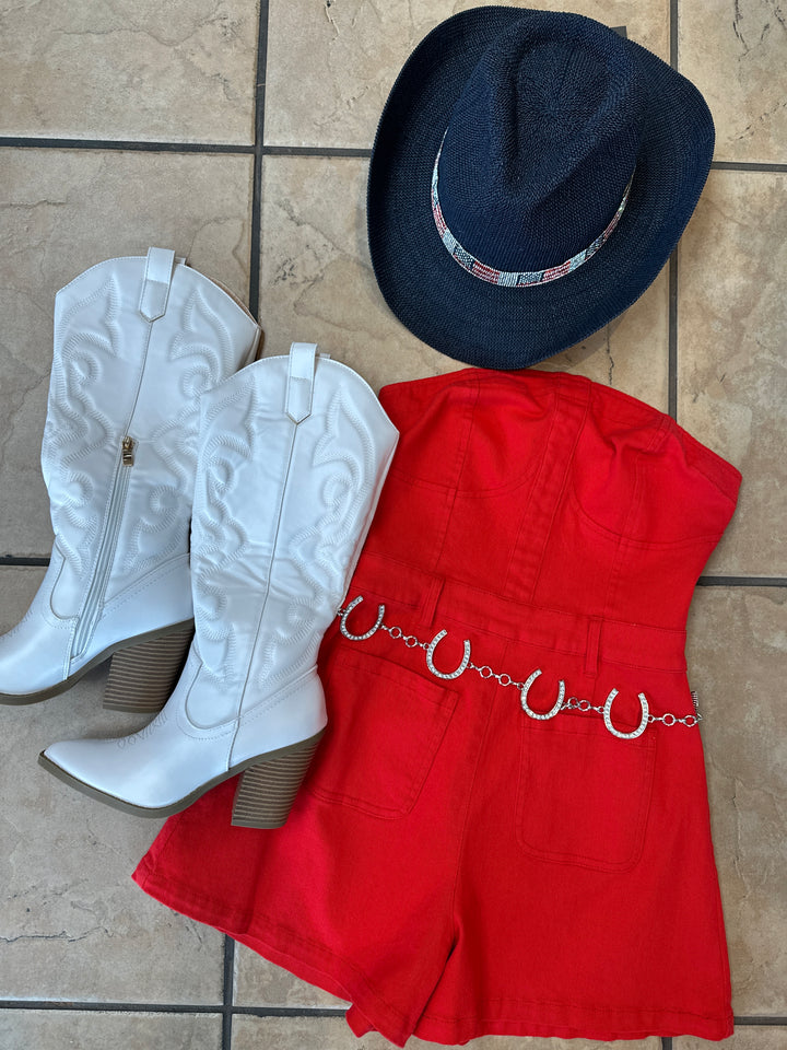Red Strapless Denim Romper