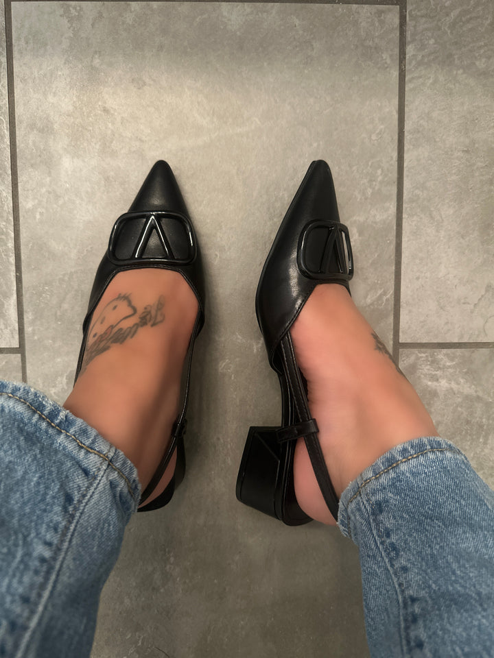 Black Slingback Block Heel Shoes- Sunny