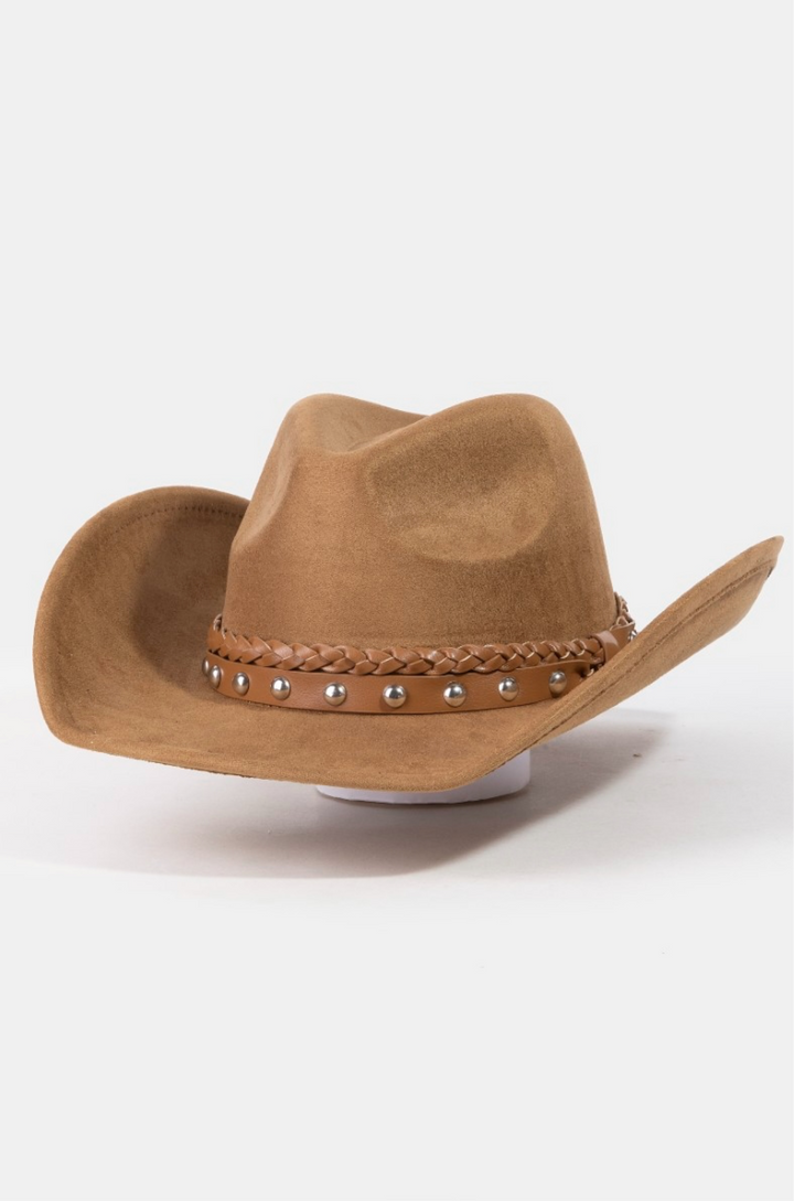 Brown Cowboy Hat with Braided and Studded Detail