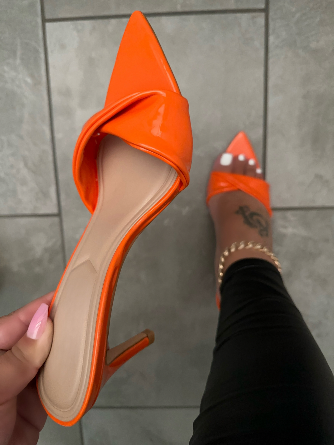 Bright Orange Patent Pointed Toe Mule Heels- Lynette