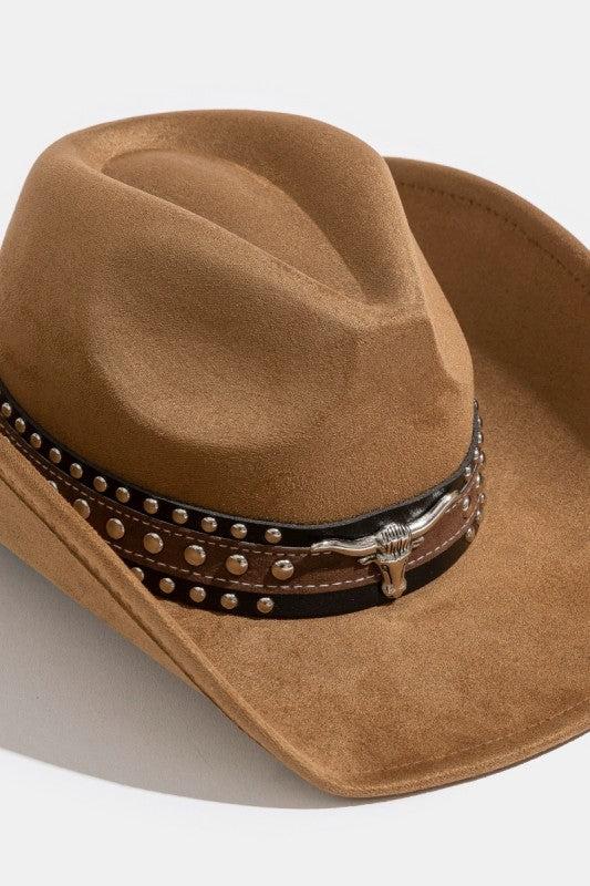 Tan Western Cowboy Hat with Bull Emblem