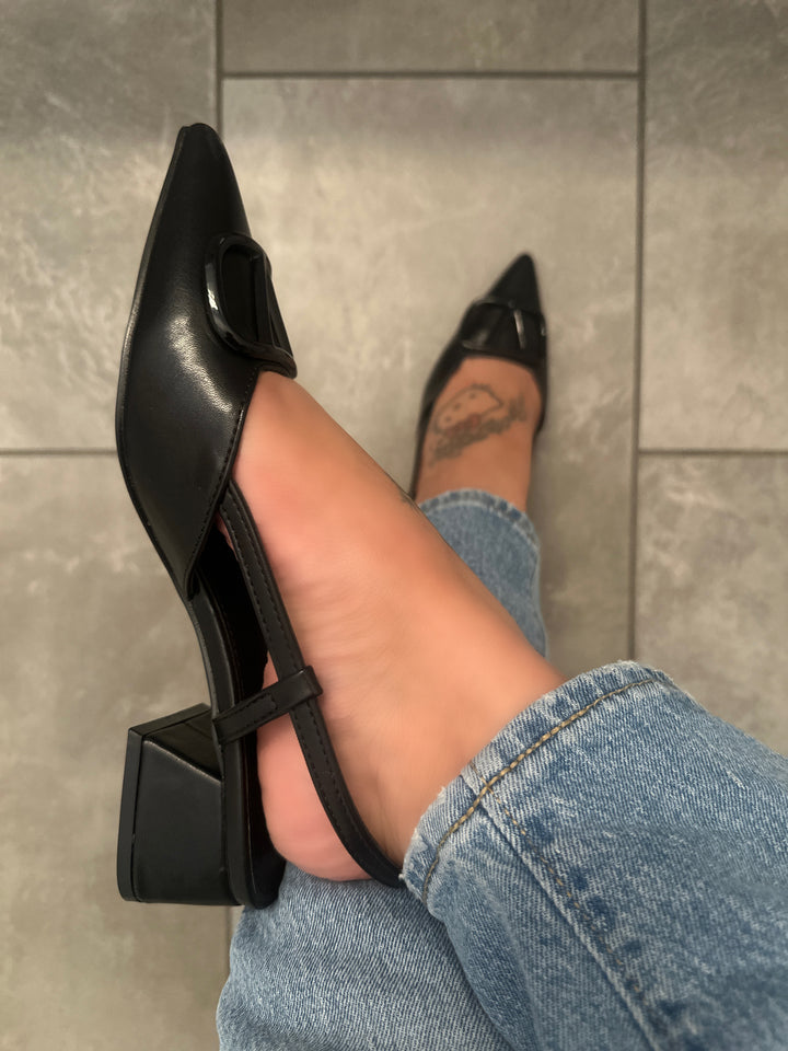 Black Slingback Block Heel Shoes- Sunny