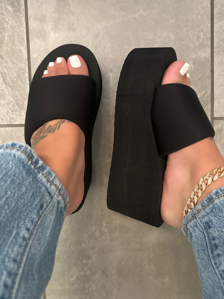 Black Platform Memory Foam Like Wedge Slide Sandals- Gladis