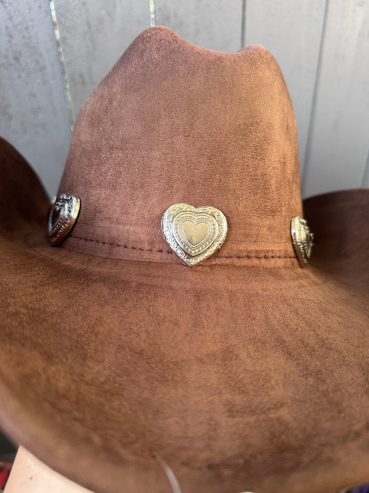 Stylish Brown Cowgirl Hat with Heart Accents