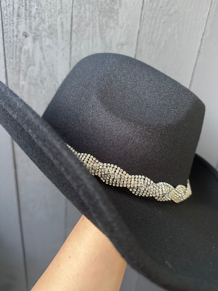 Black Rhinestone Braided Band Cowgirl Hat