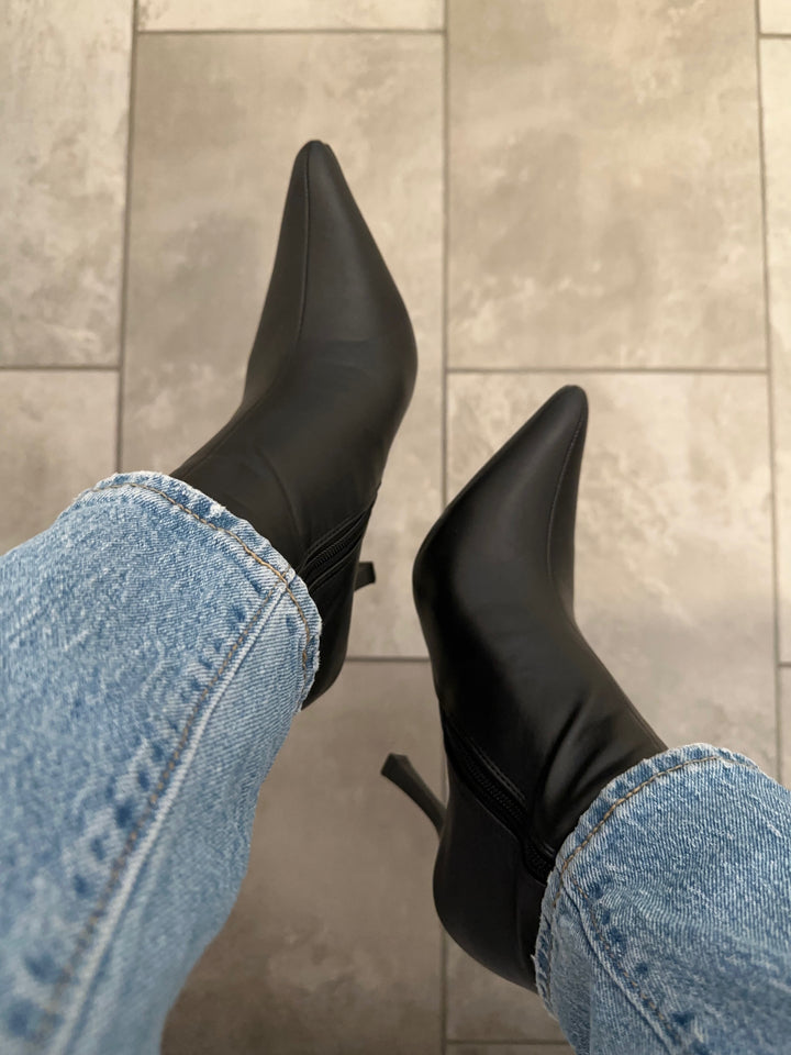 Black Faux Leather Pointed Toe Booties- Ruby