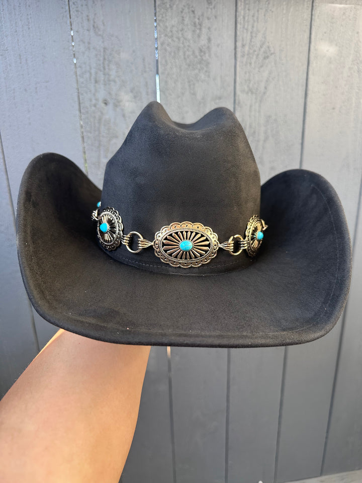 Black Cowgirl Hat w/ Turquoise Gold Concho Band