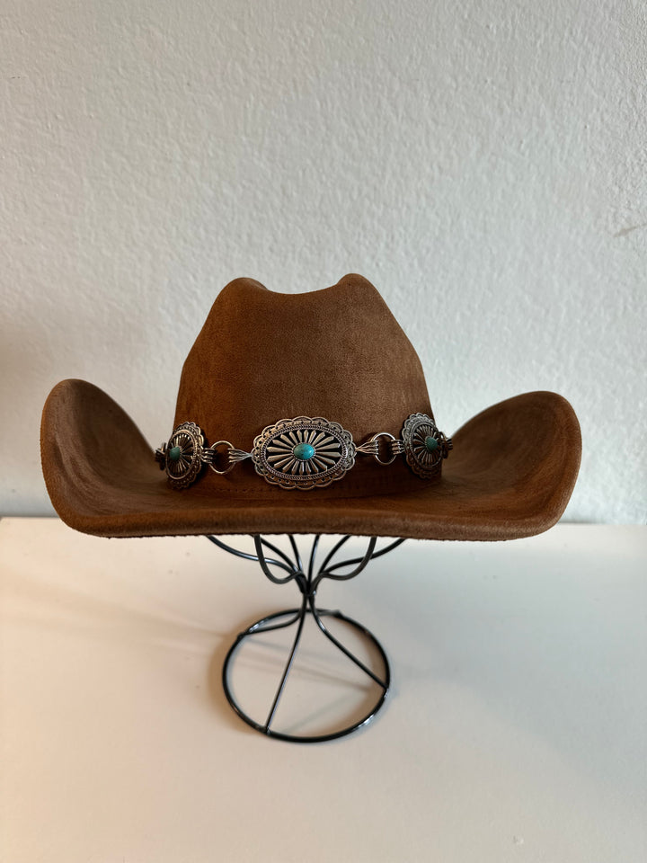Tan Suede Western Hat with Silver and Turquoise Concho
