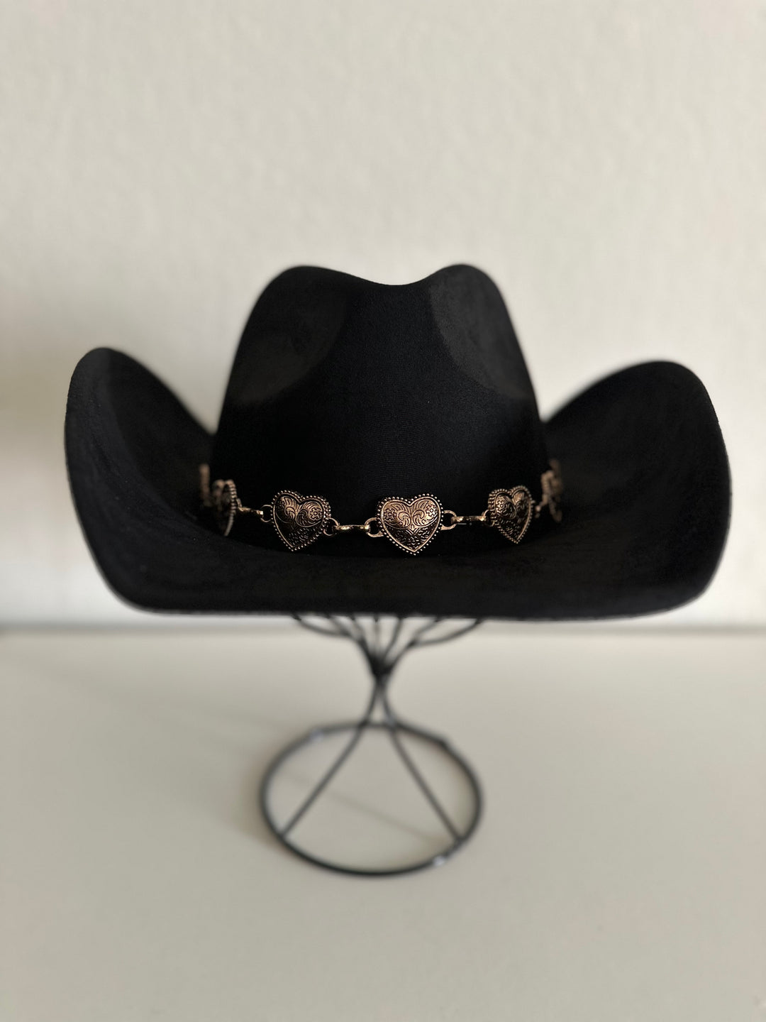 Black Cowboy Hat with Gold Heart Chain