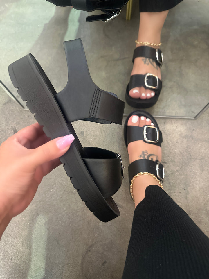 Black Double Buckle Platform Sandals- Myla