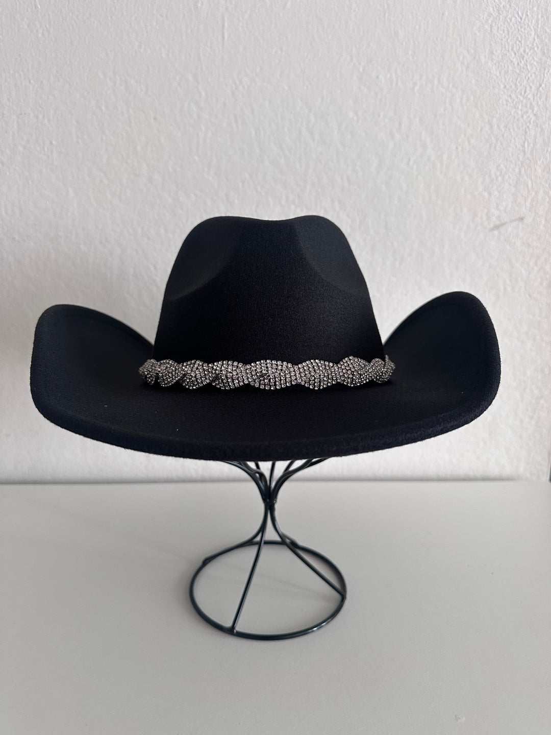 Black Cowboy Hat with Braided Silver Embellished Rhinestones Trim