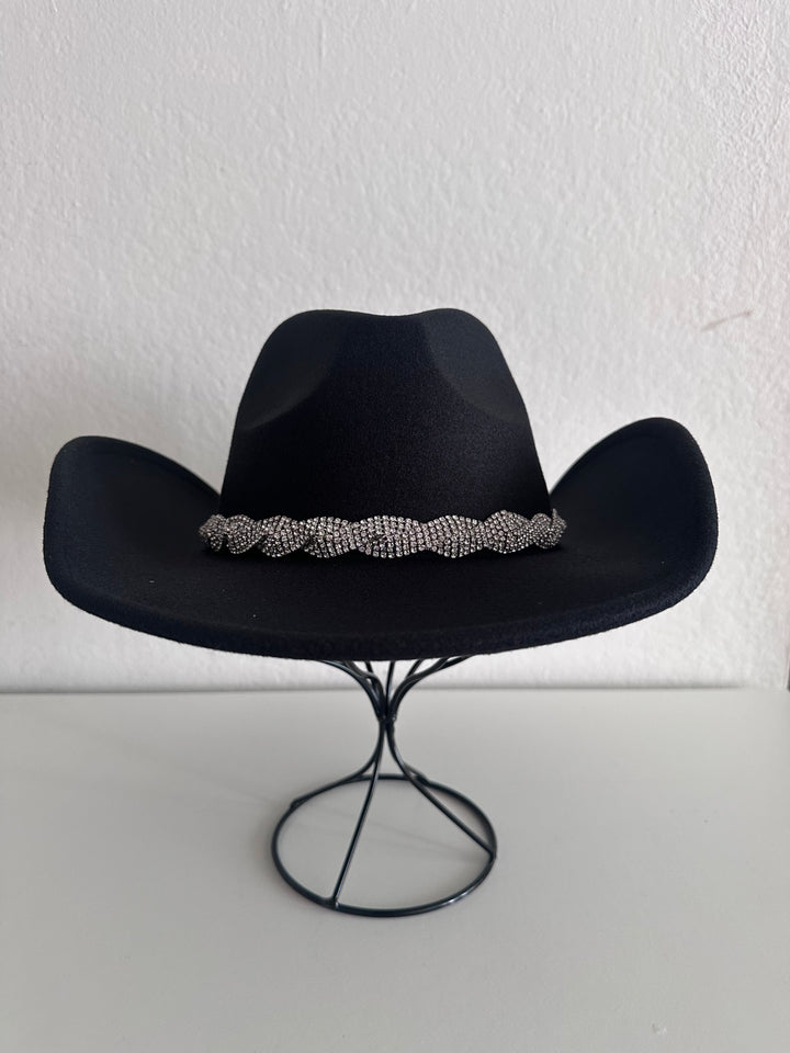 Black Cowboy Hat with Braided Silver Embellished Rhinestones Trim