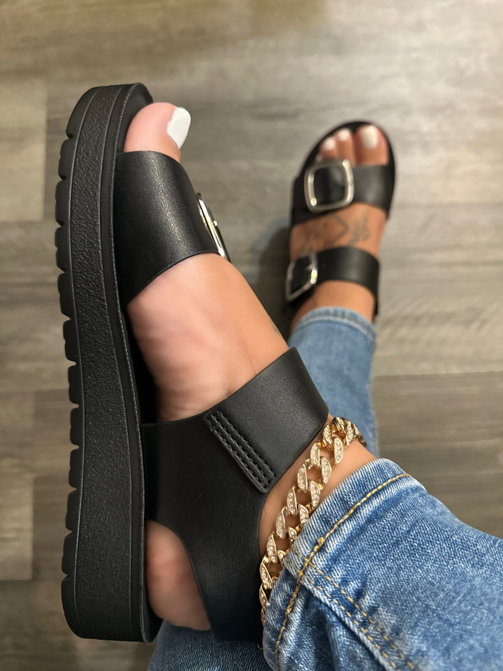 Black Double Buckle Platform Sandals- Myla