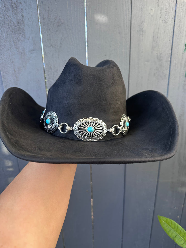 Black Suede Cowgirl Hat with Turquoise & Silver Conchos