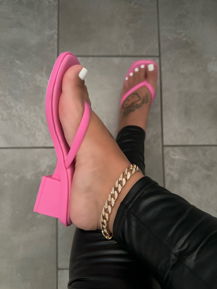 Hot Pink Chunky Heel Thong Sandals- Rosalia