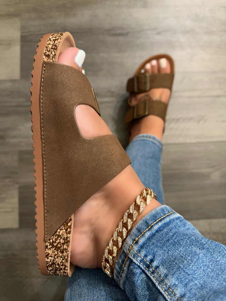 Dark Tan Double Buckle Cork Platform Sandals- Gina