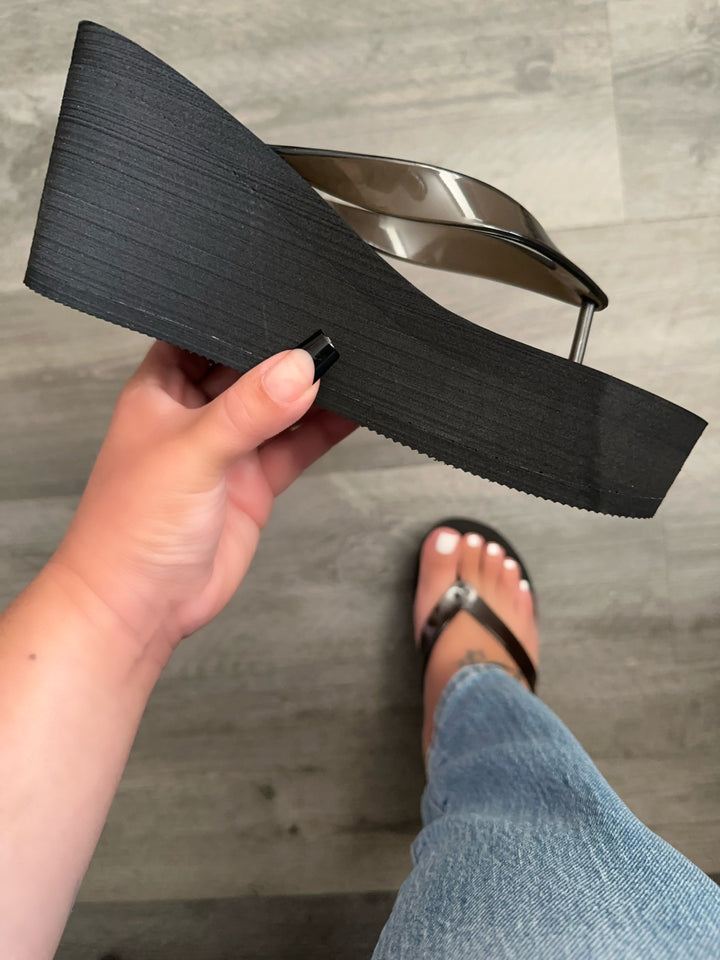Black Platform Wedge Flip Flop Sandals