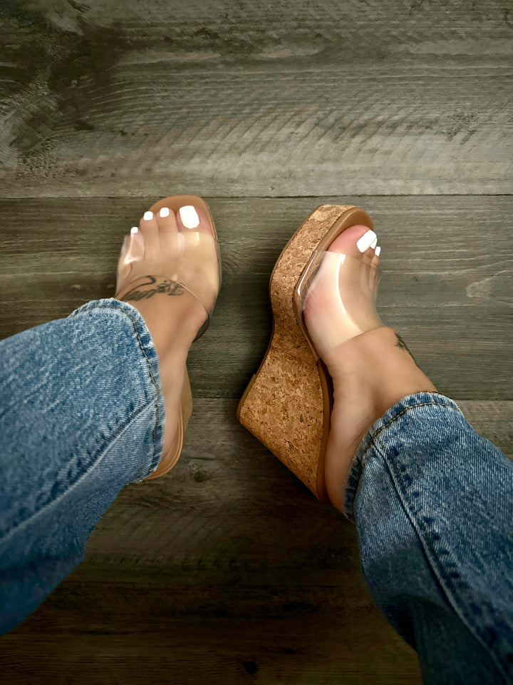 Clear Strap Cork Wedge Sandals - Delaney