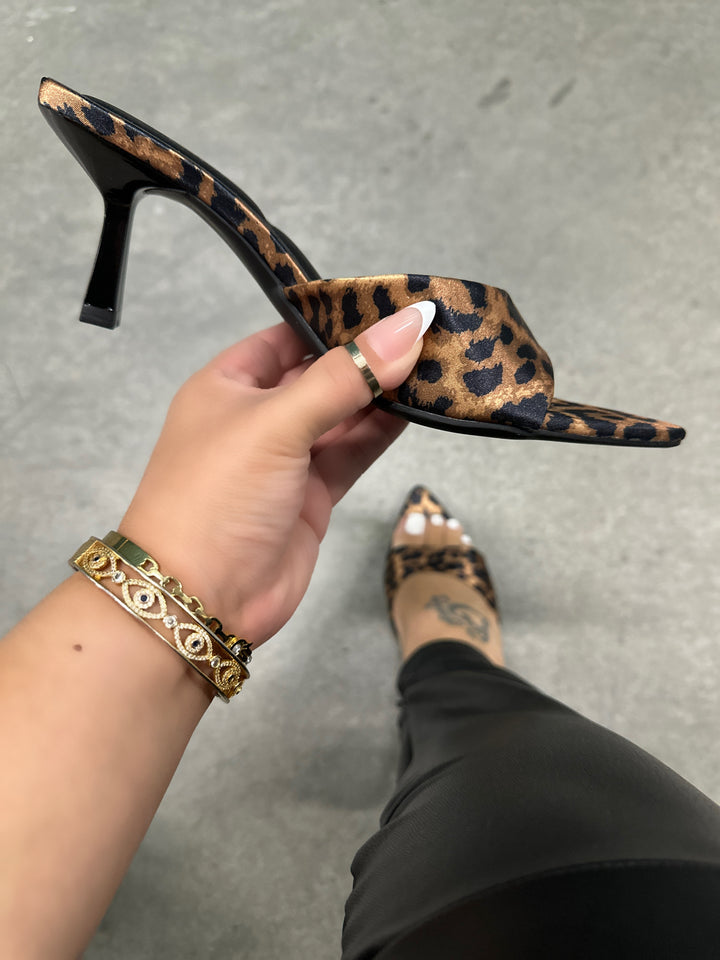 Mia Leopard Print Open Pointed Toe Kitten Mule Heel