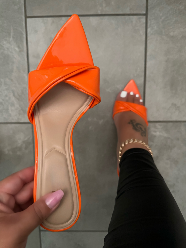 Bright Orange Patent Pointed Toe Mule Heels- Lynette