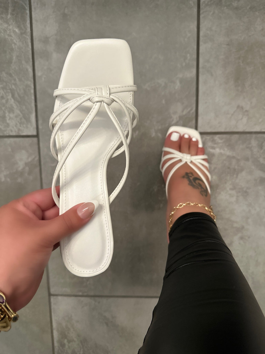 White Strappy Square Toe Kitten Heels- Molly