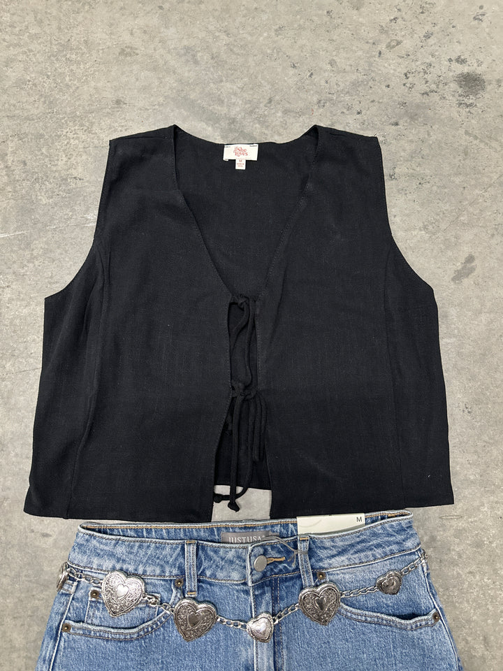 Black Sleeveless Linen Vest Top