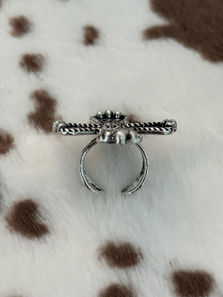 Western Silver Ornate Cross Ring