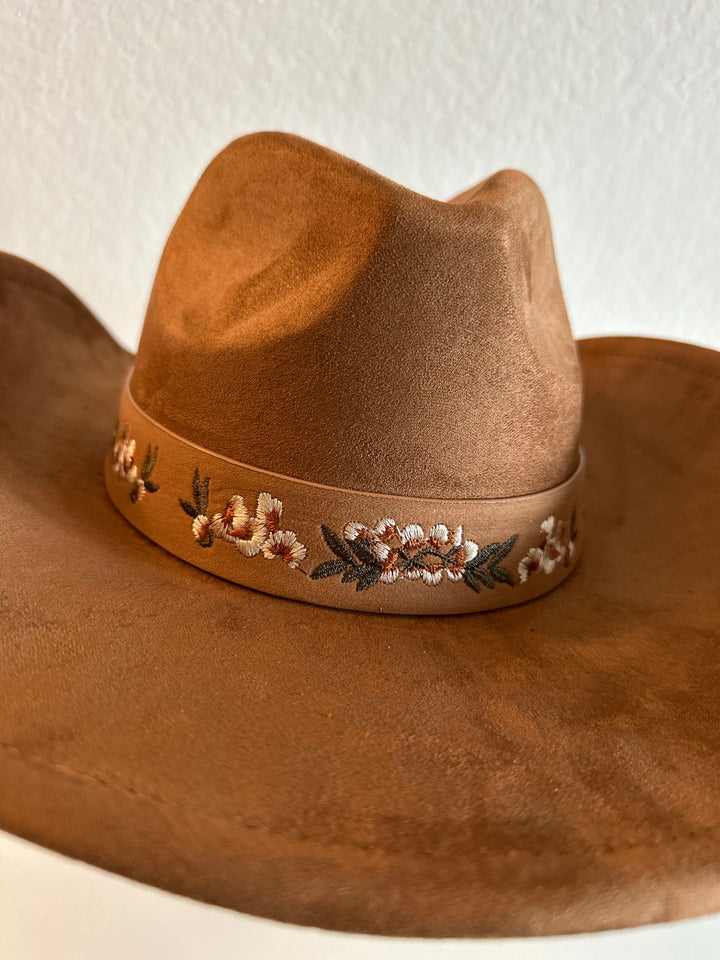 Tan Floral Print  Embroidered Cowboy Hat