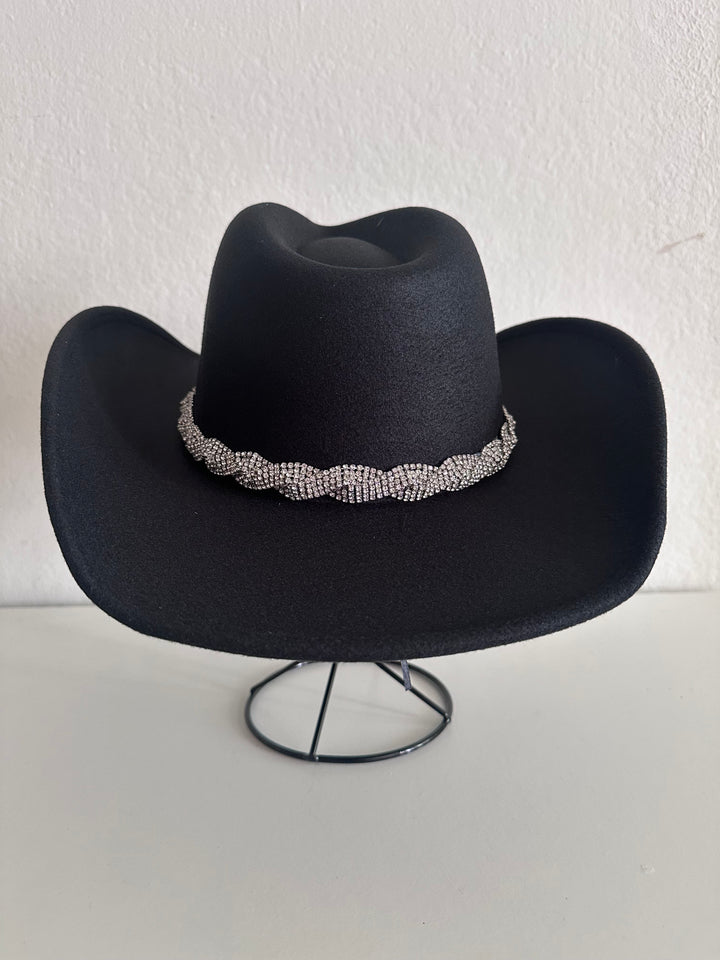 Black Cowboy Hat with Braided Silver Embellished Rhinestones Trim
