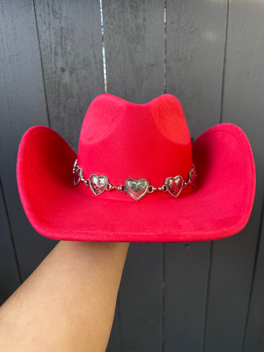 Red Cowgirl Hat with Gold Engraved Hearts Band