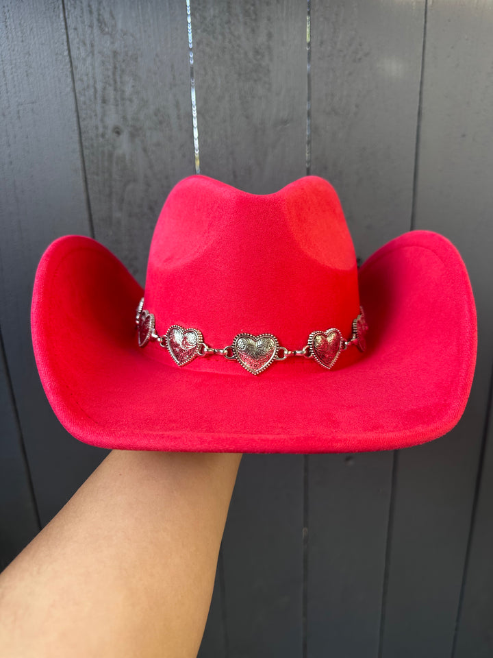 Red Cowgirl Hat with Gold Engraved Hearts Band